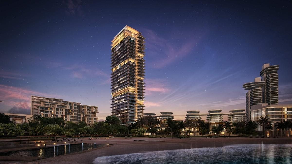 Rosewood Residences at night from the beach